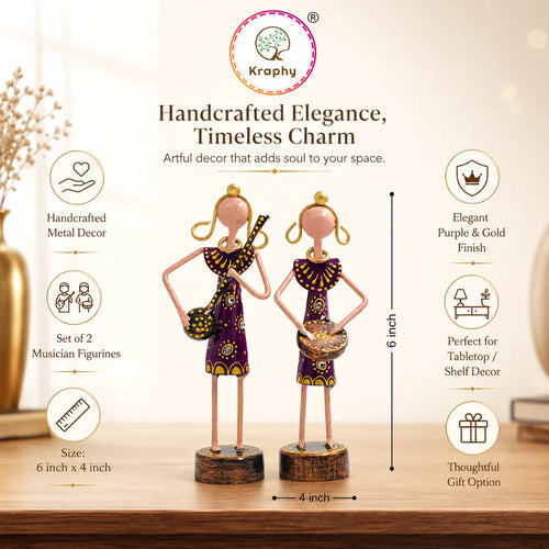 Mini Rajasthani Musician Couple Metal Showpiece Set | Hand-Painted Purple Folk Art | Set of 2 | 6 Inch media 4