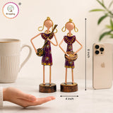 Mini Rajasthani Musician Couple Metal Showpiece Set | Hand-Painted Purple Folk Art | Set of 2 | 6 Inch thumbnail