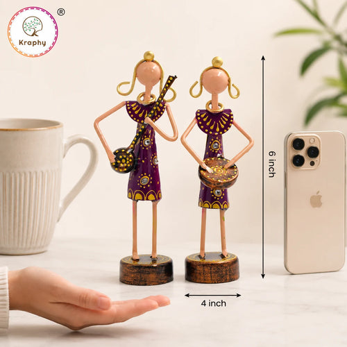 Mini Rajasthani Musician Couple Metal Showpiece Set | Hand-Painted Purple Folk Art | Set of 2 | 6 Inch media 6