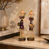 Mini Rajasthani Musician Couple Metal Showpiece Set | Hand-Painted Purple Folk Art | Set of 2 | 6 Inch thumbnail