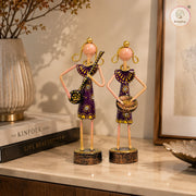 Mini Rajasthani Musician Couple Metal Showpiece Set | Hand-Painted Purple Folk Art | Set of 2 | 6 Inch