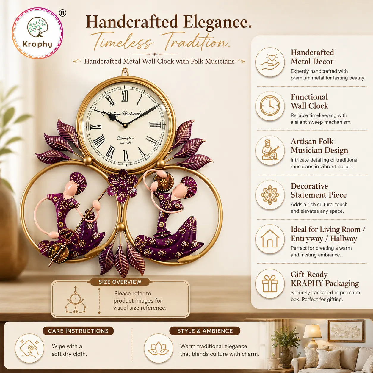 Rajasthani Musical Couple Metal Wall Clock | Hand-Painted Purple Folk Art | 19 x 18 Inch