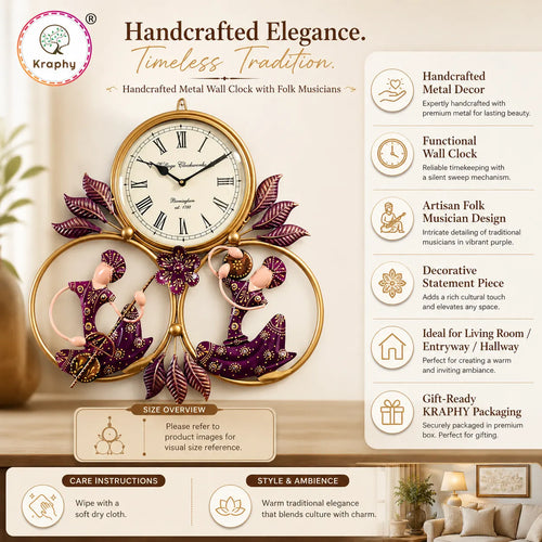Rajasthani Musical Couple Metal Wall Clock | Hand-Painted Purple Folk Art | 19 x 18 Inch media 4
