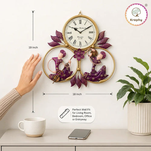 Rajasthani Musical Couple Metal Wall Clock | Hand-Painted Purple Folk Art | 19 x 18 Inch media 6