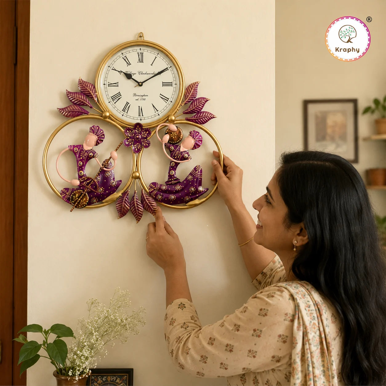Rajasthani Musical Couple Metal Wall Clock | Hand-Painted Purple Folk Art | 19 x 18 Inch