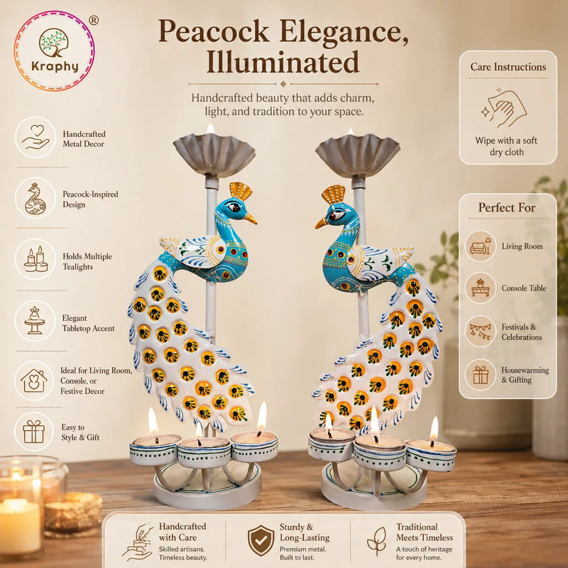Peacock Metal Tealight Candle Holder | Hand-Painted Decorative Stand | 12 Inch – Kraphy detail 3