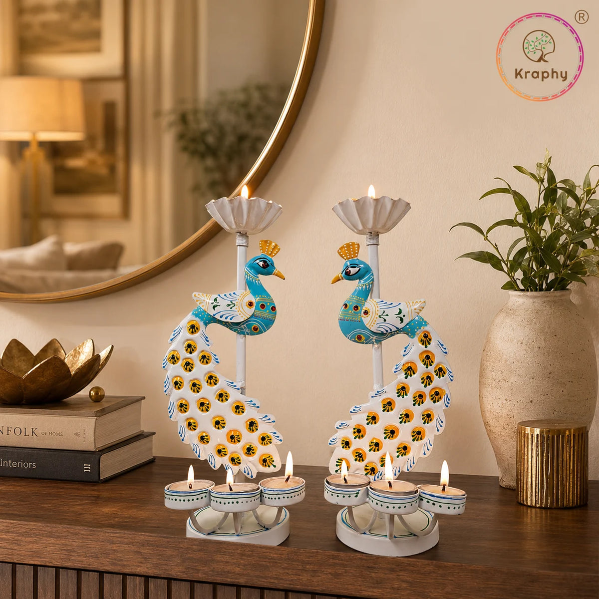 Peacock Metal Tealight Candle Holder | Hand-Painted Decorative Stand | 12 Inch – Kraphy A+ main media