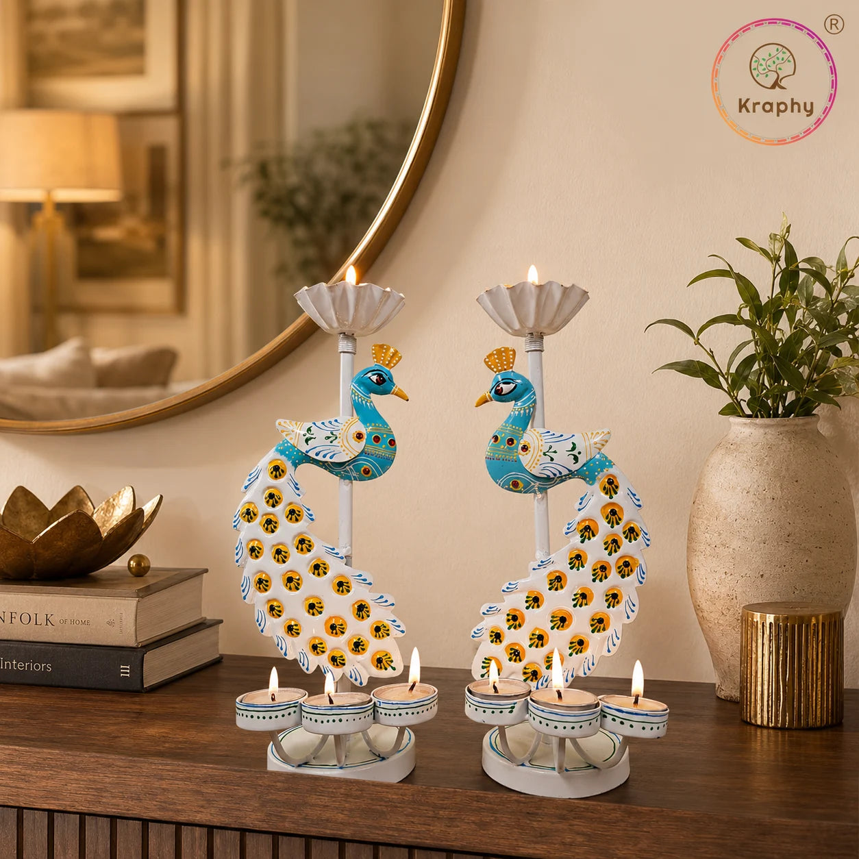 Peacock Metal Tealight Candle Holder | Hand-Painted Decorative Stand | 12 Inch – Kraphy