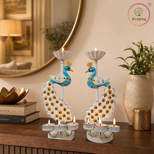 Peacock Metal Tealight Candle Holder | Hand-Painted Decorative Stand | 12 Inch – Kraphy media 1
