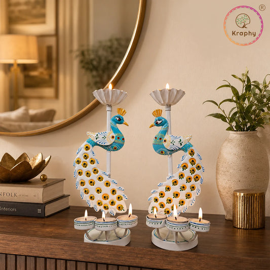 Peacock Metal Tealight Candle Holder | Hand-Painted Decorative Stand | 12 Inch – Kraphy
