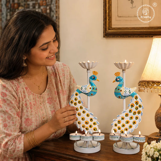Peacock Metal Tealight Candle Holder | Hand-Painted Decorative Stand | 12 Inch – Kraphy