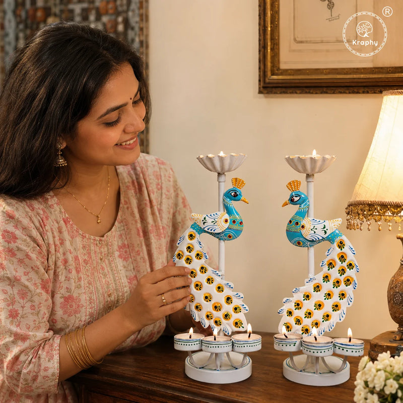 Peacock Metal Tealight Candle Holder | Hand-Painted Decorative Stand | 12 Inch – Kraphy detail 1