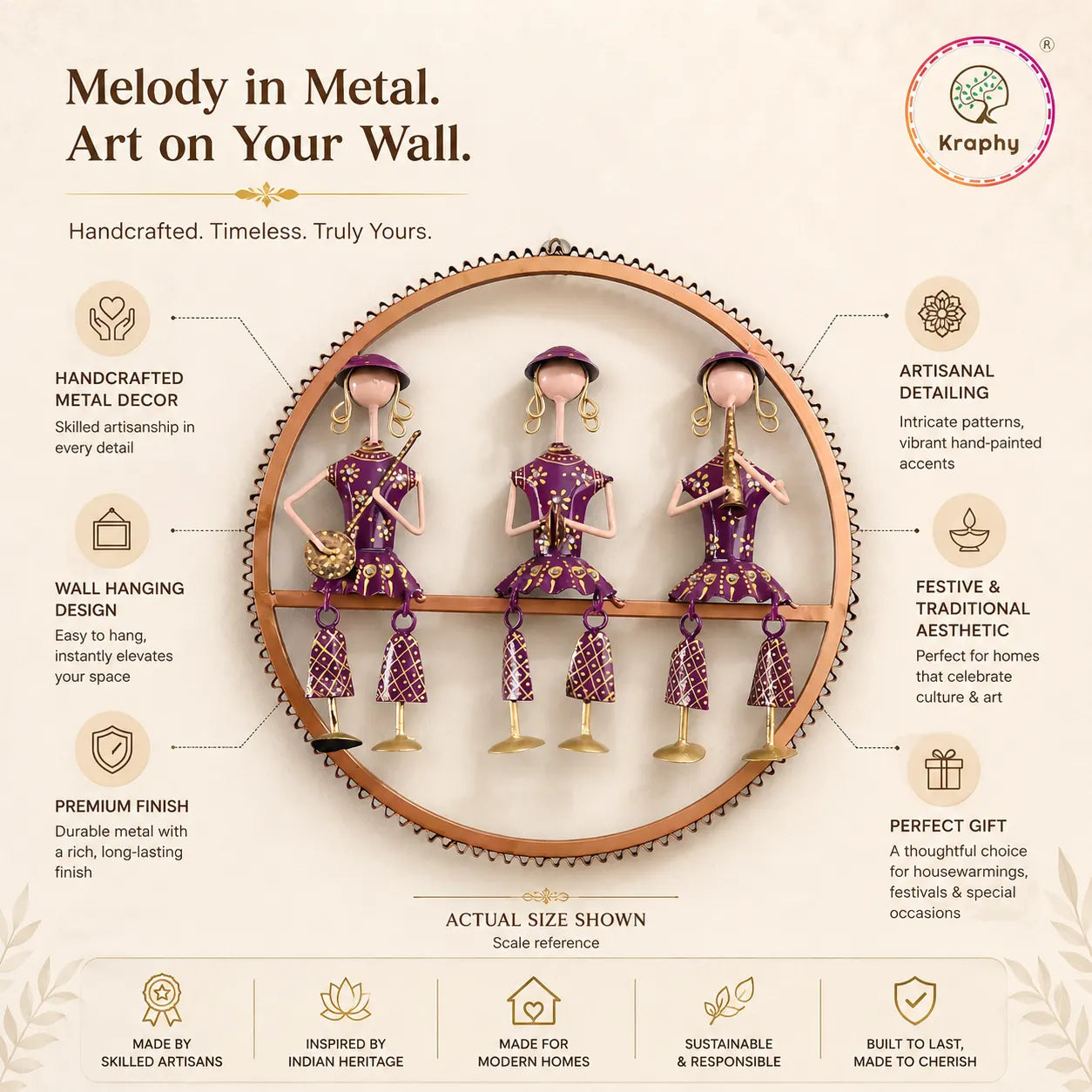 Rajasthani Musical Trio Metal Wall Art | Hand-Painted Purple Folk Art Round Wall Hanging | 14.5 Inch