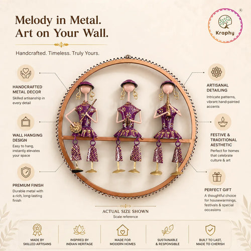 Rajasthani Musical Trio Metal Wall Art | Hand-Painted Purple Folk Art Round Wall Hanging | 14.5 Inch media 4