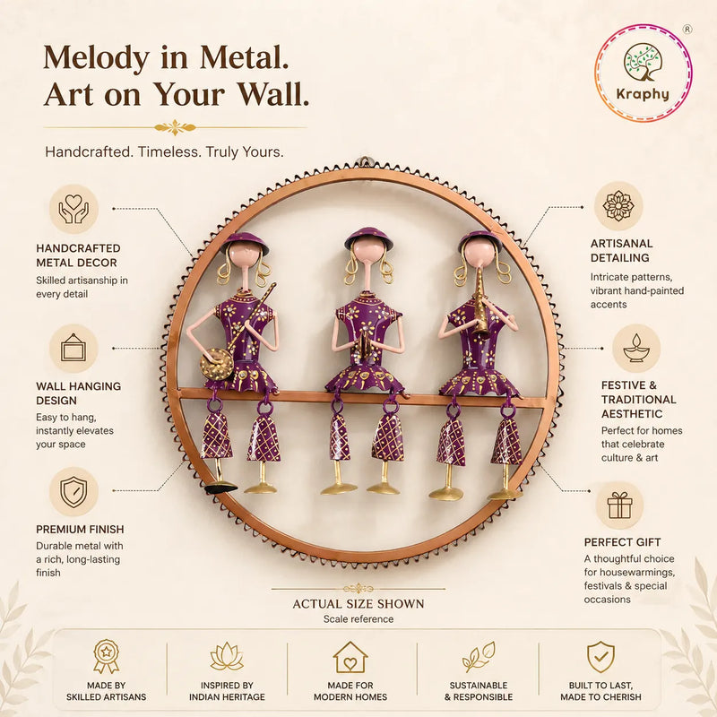Rajasthani Musical Trio Metal Wall Art | Hand-Painted Purple Folk Art Round Wall Hanging | 14.5 Inch detail 3