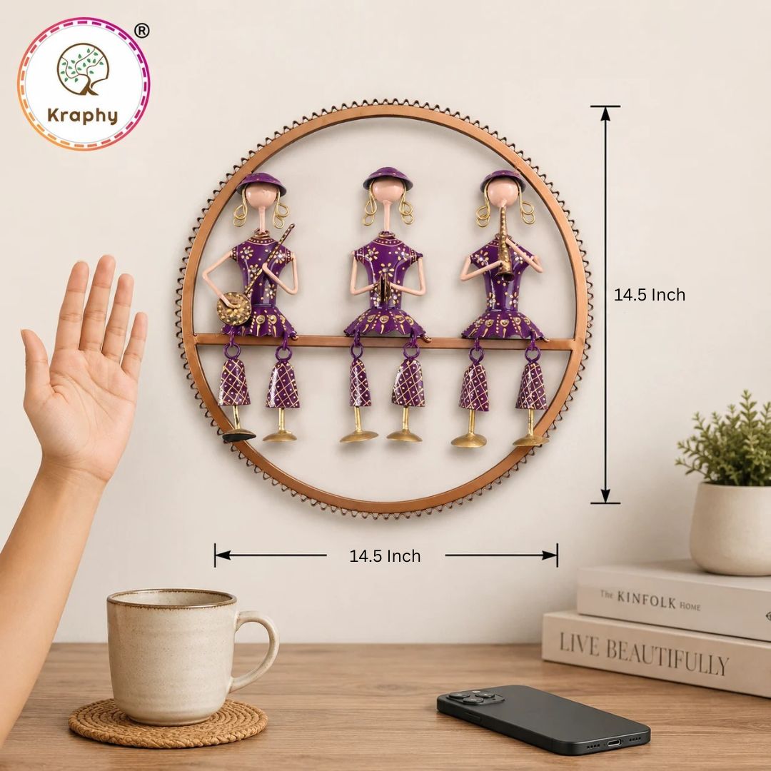 Rajasthani Musical Trio Metal Wall Art | Hand-Painted Purple Folk Art Round Wall Hanging | 14.5 Inch