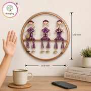 Rajasthani Musical Trio Metal Wall Art | Hand-Painted Purple Folk Art Round Wall Hanging | 14.5 Inch