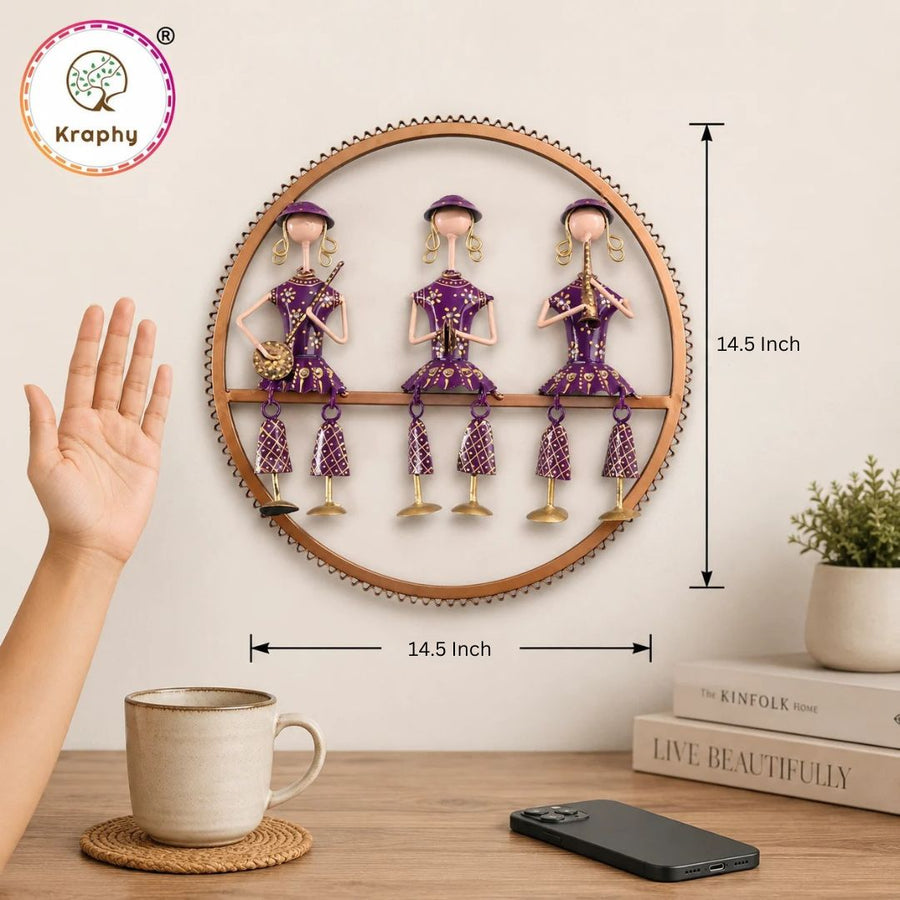 Rajasthani Musical Trio Metal Wall Art | Hand-Painted Purple Folk Art Round Wall Hanging | 14.5 Inch size guide
