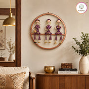 Rajasthani Musical Trio Metal Wall Art | Hand-Painted Purple Folk Art Round Wall Hanging | 14.5 Inch