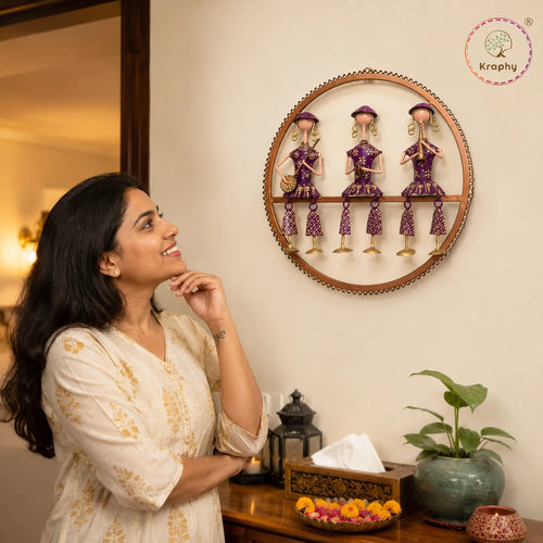 Rajasthani Musical Trio Metal Wall Art | Hand-Painted Purple Folk Art Round Wall Hanging | 14.5 Inch media 2
