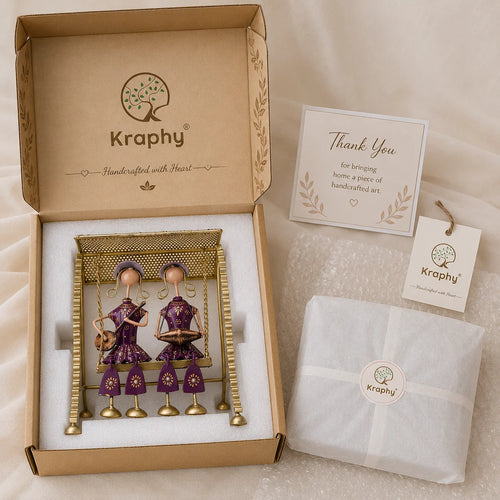 Rajasthani Musician Couple Swing Showpiece | Hand-Painted Purple Folk Art Jhula | 10 Inch media 5
