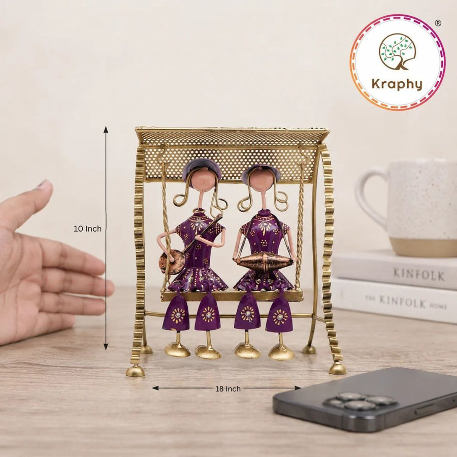 Rajasthani Musician Couple Swing Showpiece | Hand-Painted Purple Folk Art Jhula | 10 Inch size guide
