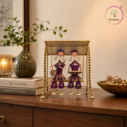 Rajasthani Musician Couple Swing Showpiece | Hand-Painted Purple Folk Art Jhula | 10 Inch media 1