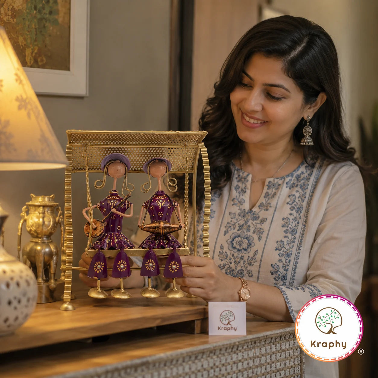 Rajasthani Musician Couple Swing Showpiece | Hand-Painted Purple Folk Art Jhula | 10 Inch