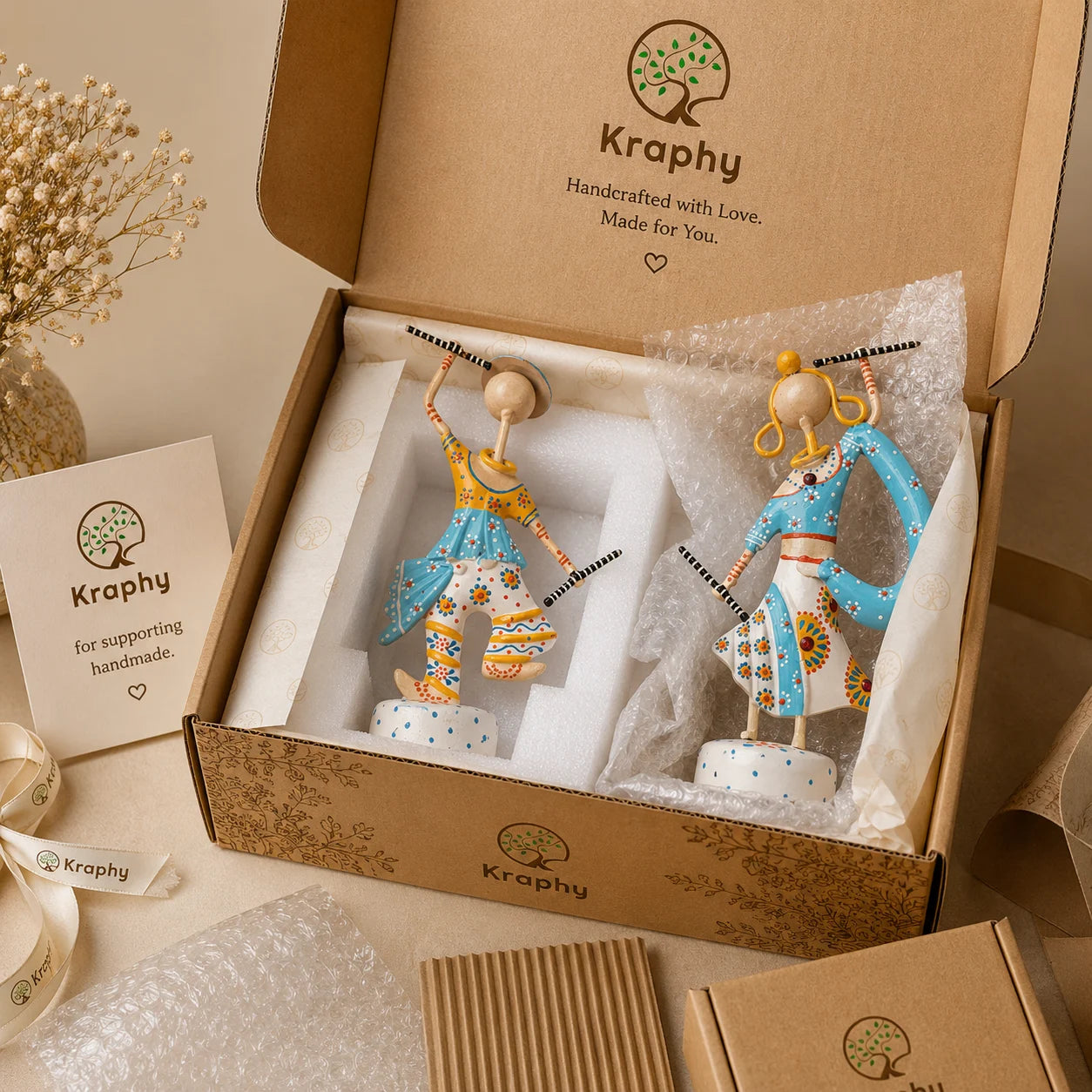 Rajasthani Dancing Couple Metal Showpiece | Hand-Painted Folk Art | 7 Inch – Kraphy