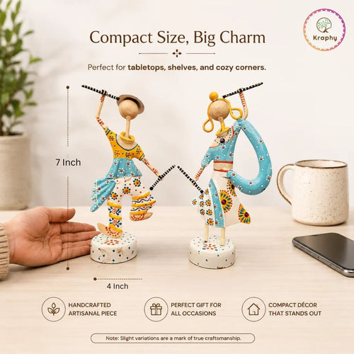 Rajasthani Dancing Couple Metal Showpiece | Hand-Painted Folk Art | 7 Inch – Kraphy media 6