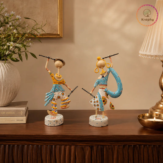 Rajasthani Dancing Couple Metal Showpiece | Hand-Painted Folk Art | 7 Inch – Kraphy