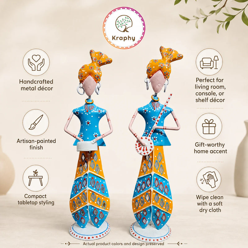 Rajasthani Musician Couple Metal Showpiece | Hand-Painted Folk Art | 11.5 Inch – Kraphy detail 3