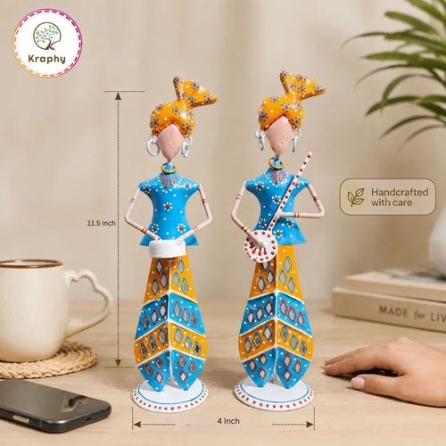 Rajasthani Musician Couple Metal Showpiece | Hand-Painted Folk Art | 11.5 Inch – Kraphy media 6