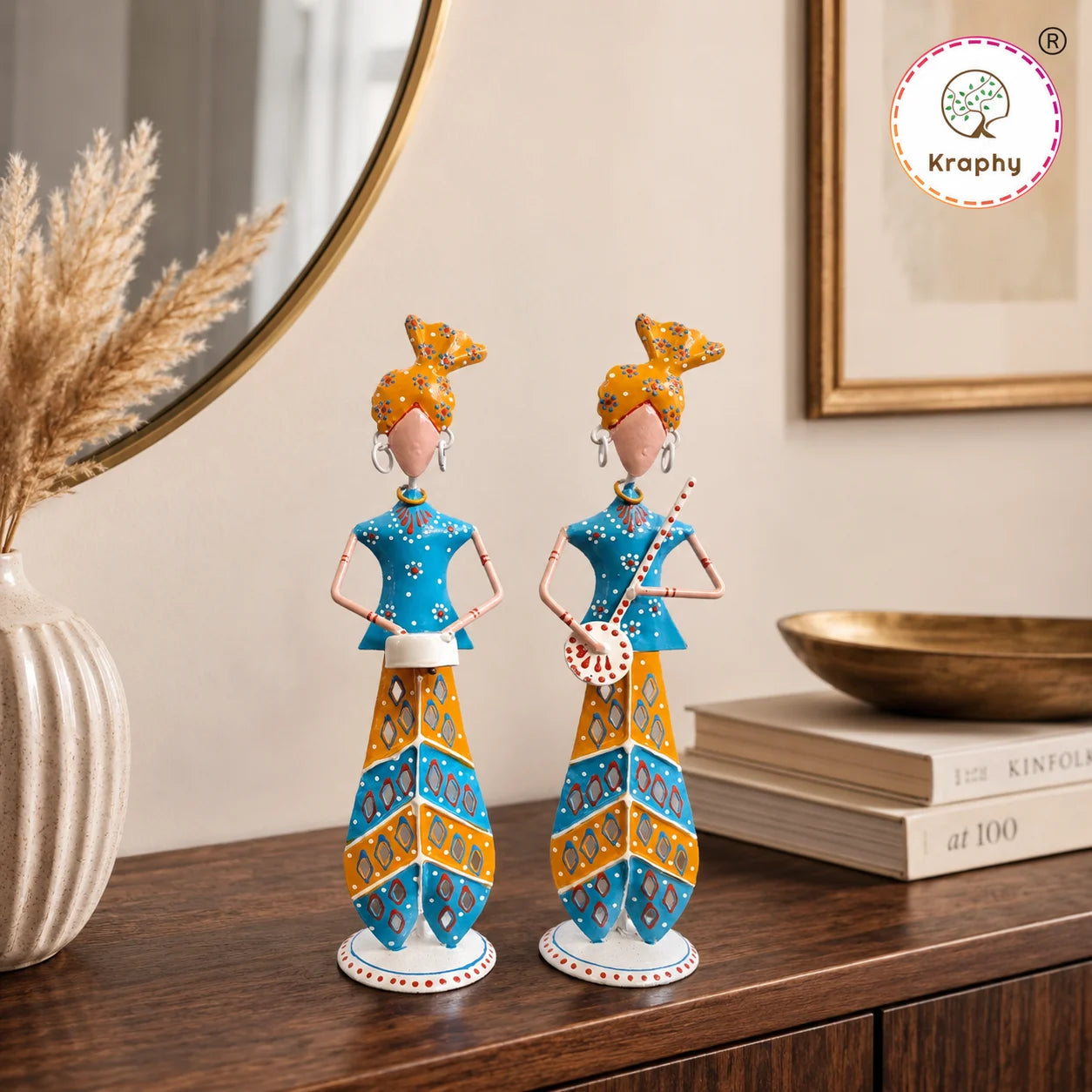 Rajasthani Musician Couple Metal Showpiece | Hand-Painted Folk Art | 11.5 Inch – Kraphy