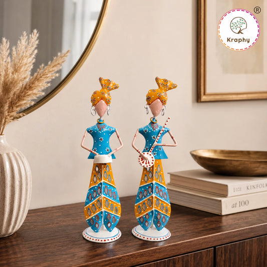 Rajasthani Musician Couple Metal Showpiece | Hand-Painted Folk Art | 11.5 Inch – Kraphy