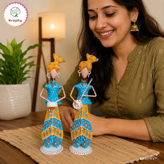 Rajasthani Musician Couple Metal Showpiece | Hand-Painted Folk Art | 11.5 Inch – Kraphy