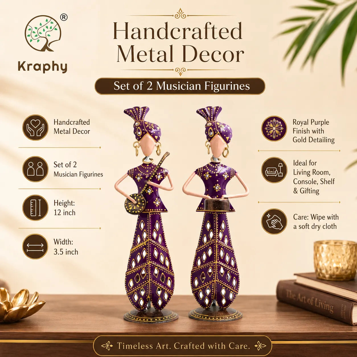 Rajasthani Musician Couple Metal Showpiece Set | Hand-Painted Purple Folk Art | Set of 2 | 12 Inch