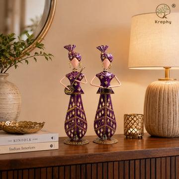 Rajasthani Musician Couple Metal Showpiece Set | Hand-Painted Purple Folk Art | Set of 2 | 12 Inch