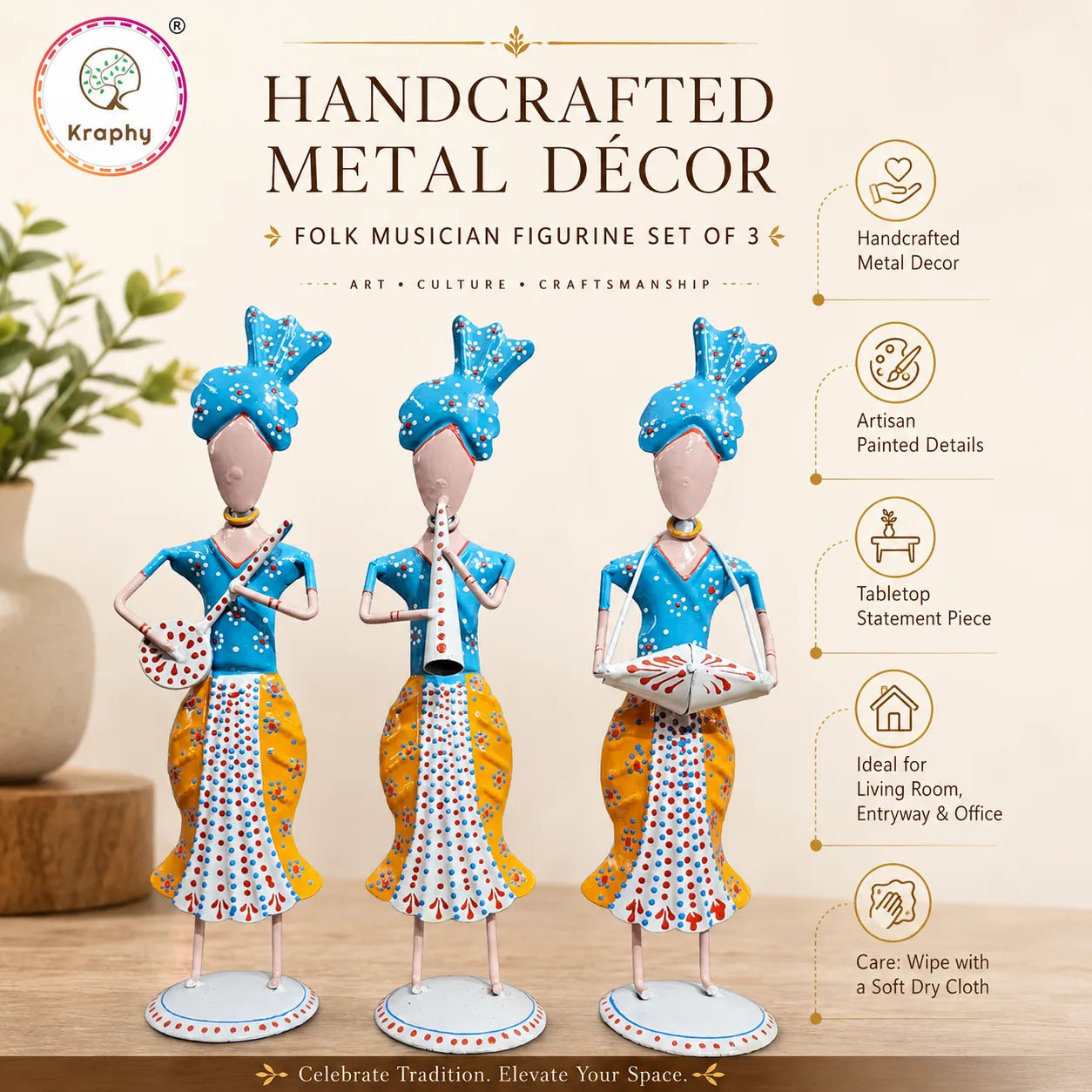 Rajasthani Musician Trio Metal Showpiece | Traditional Folk Art | 13 Inch – Kraphy