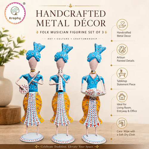 Rajasthani Musician Trio Metal Showpiece | Traditional Folk Art | 13 Inch – Kraphy media 4