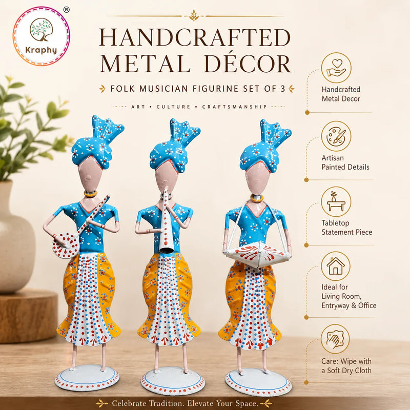 Rajasthani Musician Trio Metal Showpiece | Traditional Folk Art | 13 Inch – Kraphy detail 3