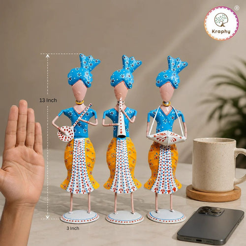 Rajasthani Musician Trio Metal Showpiece | Traditional Folk Art | 13 Inch – Kraphy media 6