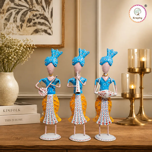 Rajasthani Musician Trio Metal Showpiece | Traditional Folk Art | 13 Inch – Kraphy