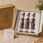Rajasthani Musician Trio Metal Showpiece Set | Hand-Painted Purple Folk Art | Set of 3 | 13 Inch