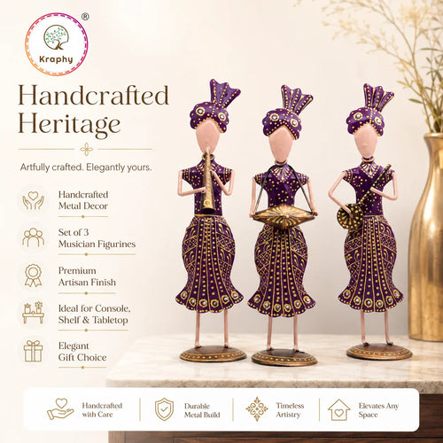 Rajasthani Musician Trio Metal Showpiece Set | Hand-Painted Purple Folk Art | Set of 3 | 13 Inch media 4