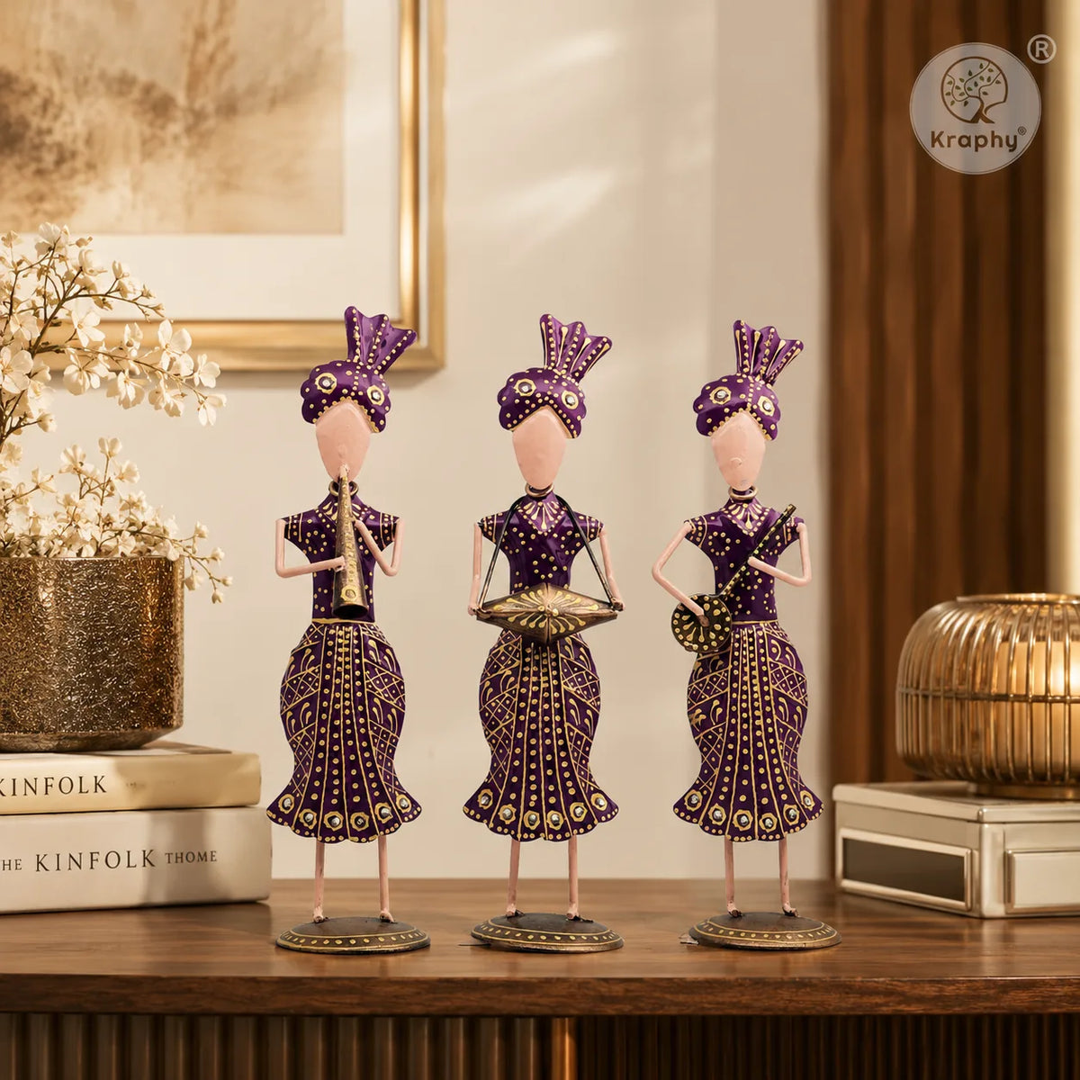 Rajasthani Musician Trio Metal Showpiece Set | Hand-Painted Purple Folk Art | Set of 3 | 13 Inch A+ main media