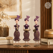 Rajasthani Musician Trio Metal Showpiece Set | Hand-Painted Purple Folk Art | Set of 3 | 13 Inch