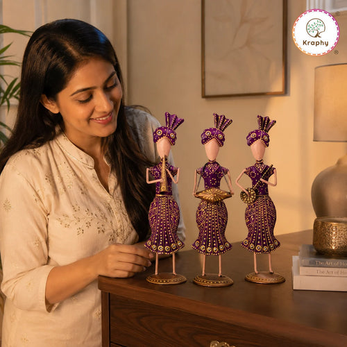 Rajasthani Musician Trio Metal Showpiece Set | Hand-Painted Purple Folk Art | Set of 3 | 13 Inch media 2