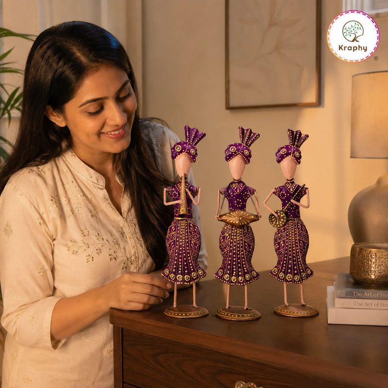Rajasthani Musician Trio Metal Showpiece Set | Hand-Painted Purple Folk Art | Set of 3 | 13 Inch detail 1