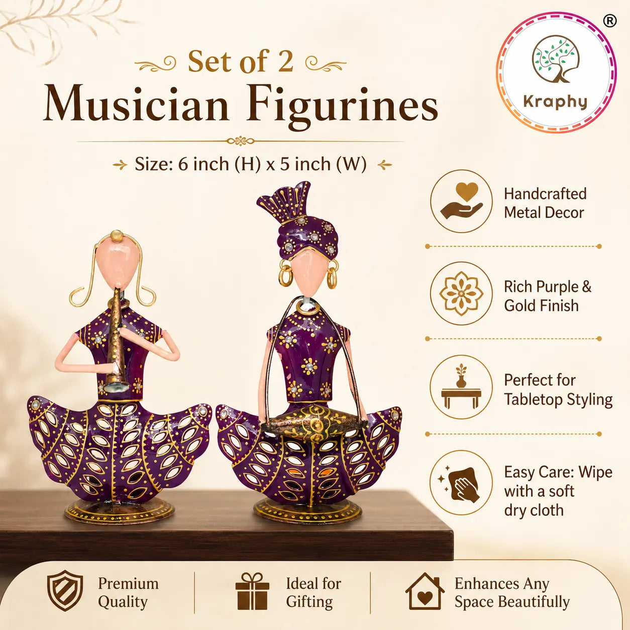 Rajasthani Musician Couple Sitting Showpiece Set | Hand-Painted Purple Folk Art | Set of 2 | 8 & 9 Inch